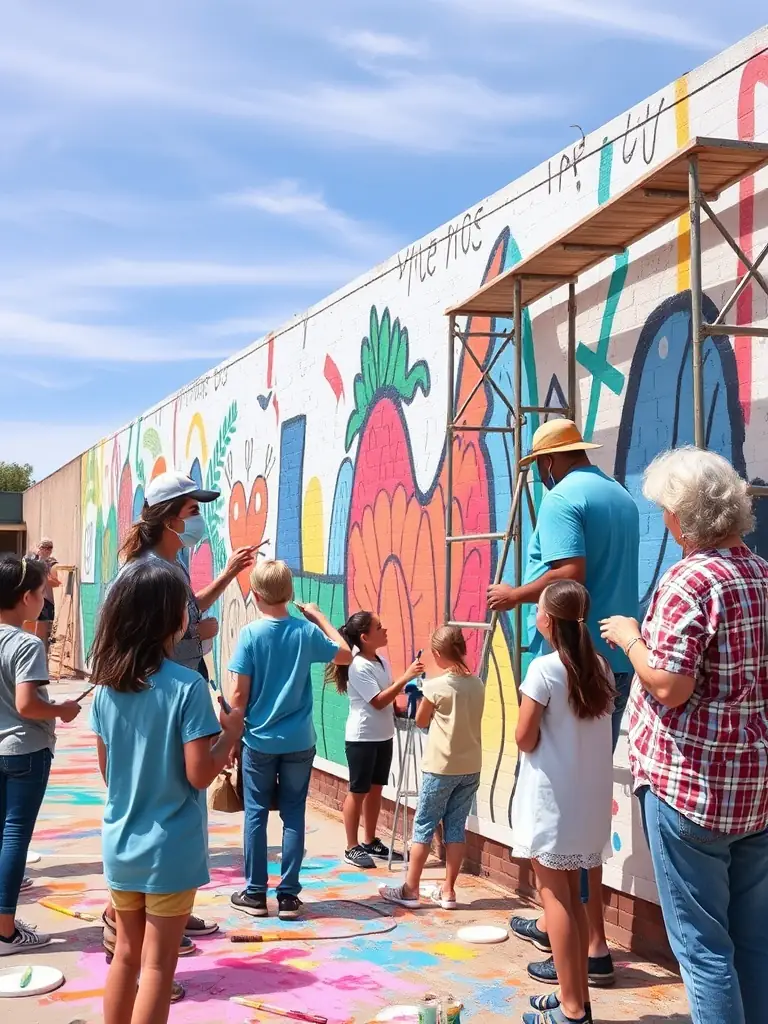 A vibrant photograph capturing a community mural painting event, showcasing diverse participants collaborating on a large-scale artwork.