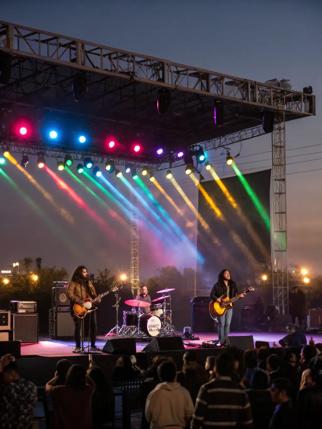 A dynamic image of a live music performance at a local park, featuring a diverse band and an enthusiastic audience.