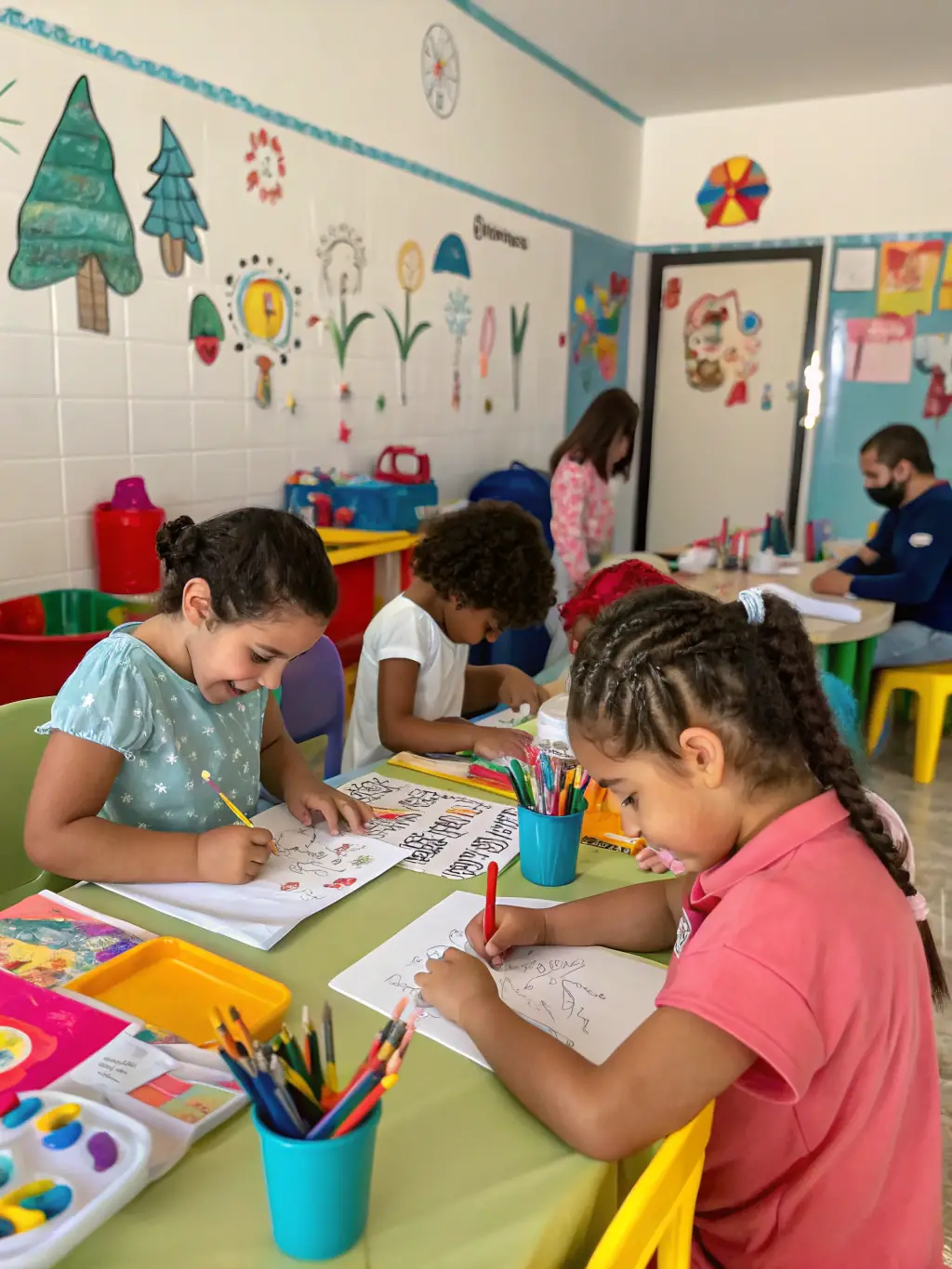 A photograph of children participating in an art workshop, with an instructor guiding them through a creative activity.
